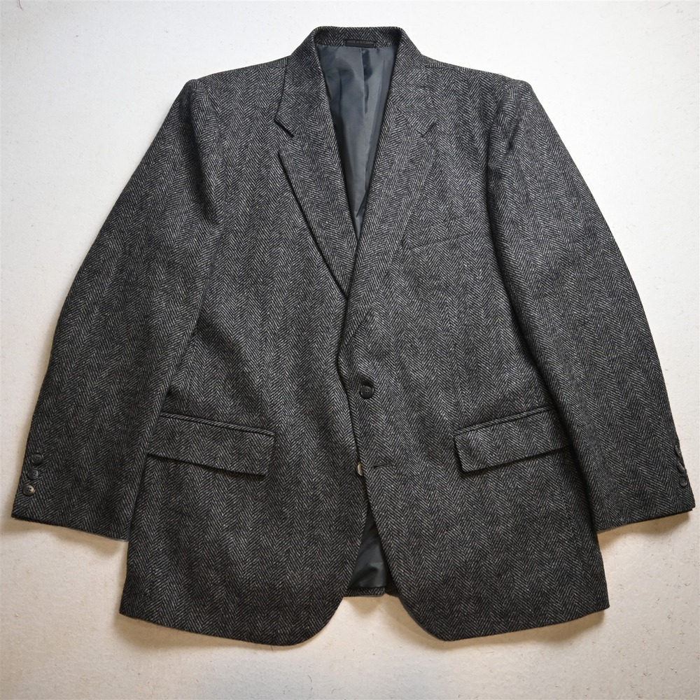 Vtg 90s 44R Gray Herringbone 100% Wool Heavyweight Tweed Blazer Sport Coat